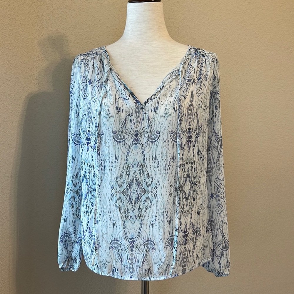 Boho Blue & White Split Neck Blouse